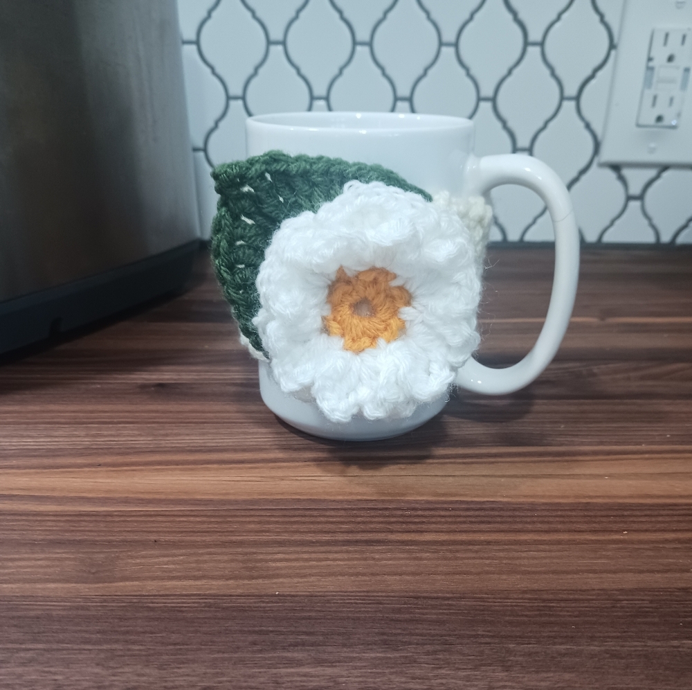 Handmade Crochet White Flower Mug Cozy with Green Leaf